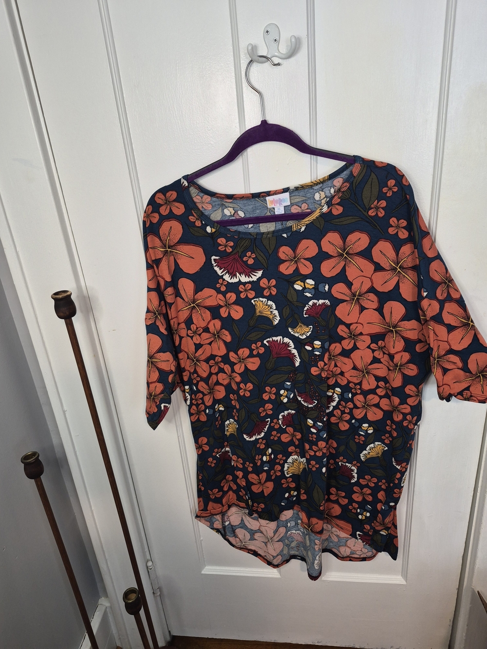 LuLaRoe Navy Top with Coral Floral Print